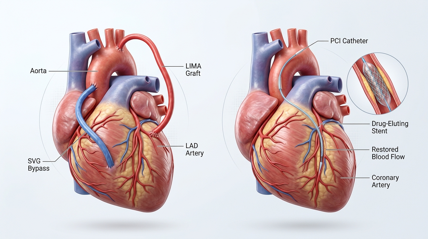 3D Medical Illustration Comparing CABG vs PCI Stenting